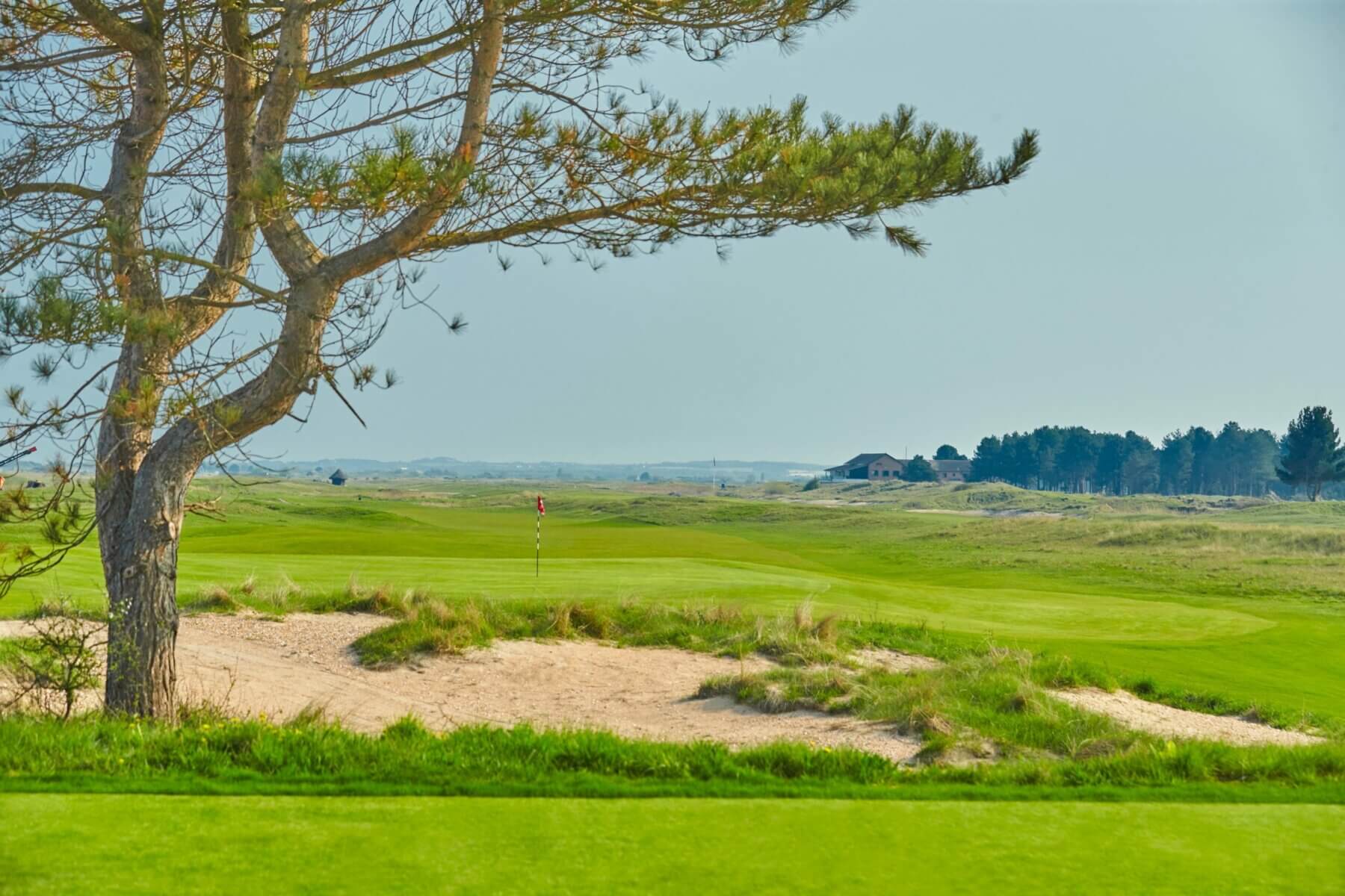 Image overlooking the 4th hole and fairway bunkers on the Himalayas course at Prince's in Sandwich, Kent, England, United Kingdom