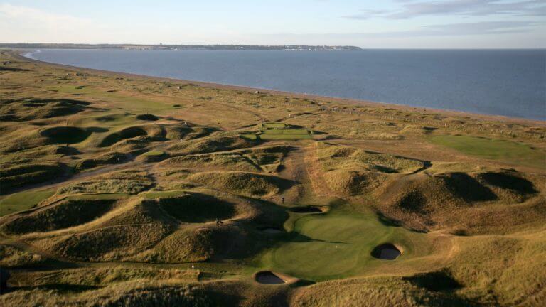 Aerial image of the undulating terrain that comprises the Sandwich area of Kent, Royal St. George's Golf Course, Kent, England