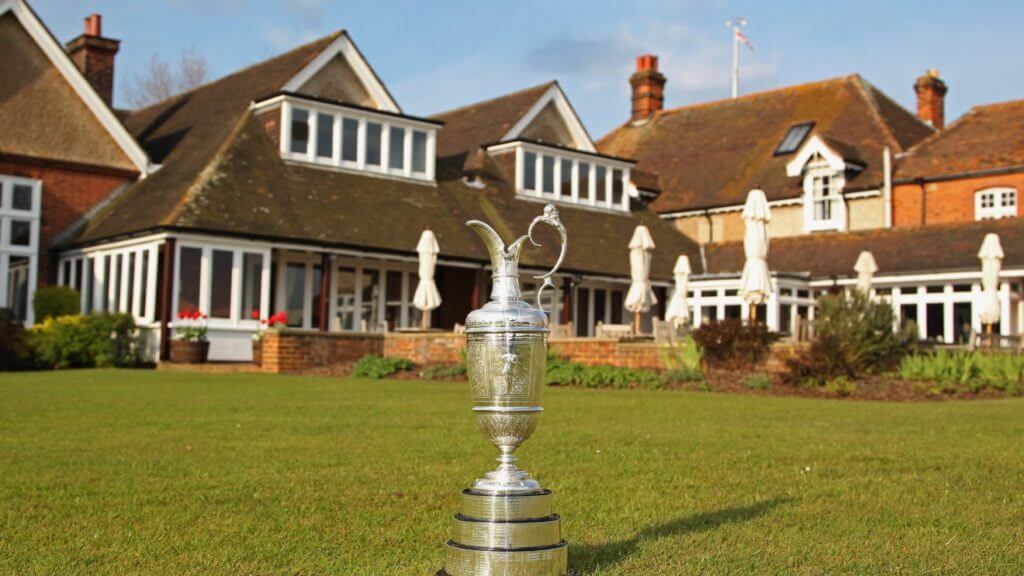 Image depicting the Claret Jug in front of the clubhouse which will host The Open 2020 at Royal St. George's Golf Course, Kent, England