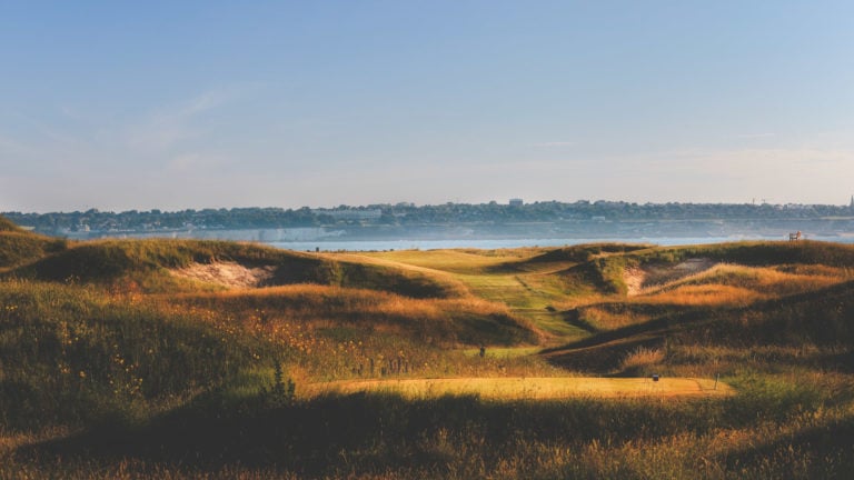 Image from the 7th tee looking out to Pegwell Bay at Royal St. George's Golf Course, Kent, England