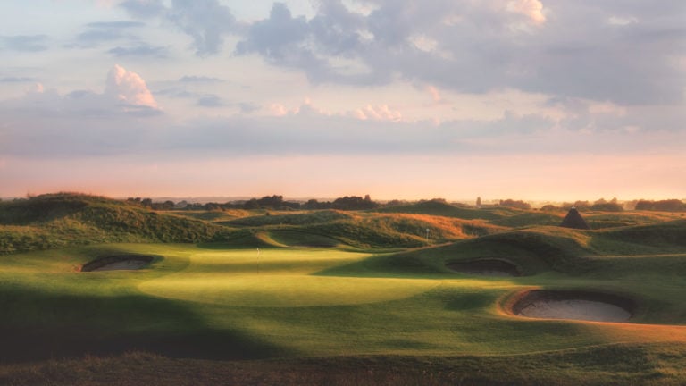 Image from the 6th tee looking down the fairway at dusk, Royal St. George's Golf Course, Kent, England
