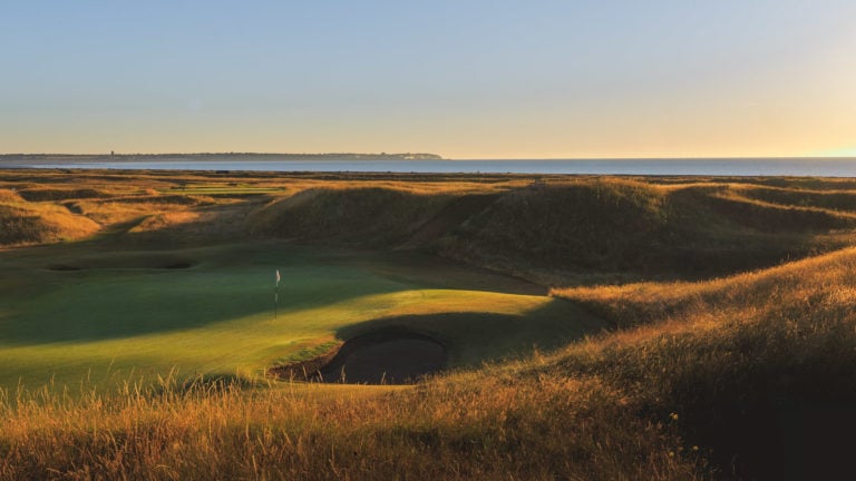 Image looking into the natural amphitheatre of the 6th green at the Royal St. George's Golf Course, Kent, England