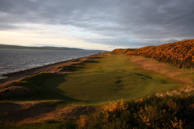 Image looking back down the fairway from behind the green on the 1st hole of the Castle Stuart Golf Links