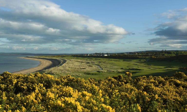 Image overlooking the 12th and 5th holes adjacent to the Dornoch Firth at the Royal Dornoch Golf Club, Scotland