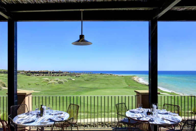 View of the golf fairways from the Torre Bar, Verdura Resort, Sicily, Italy