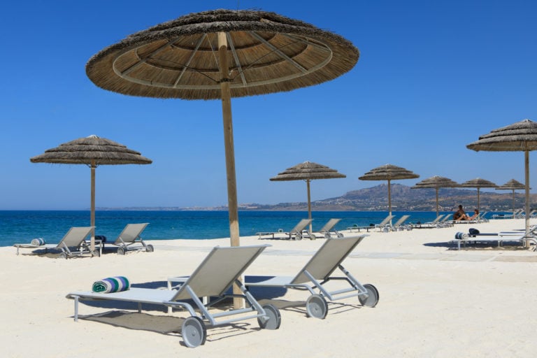 Image of a shade structure on the beach at Verdura Resort, Sicily, Italy