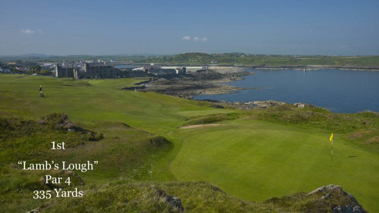Image looking back down the fairway and overlooking the green on the 1st hole at Ardglass Golf Club, Northern Ireland