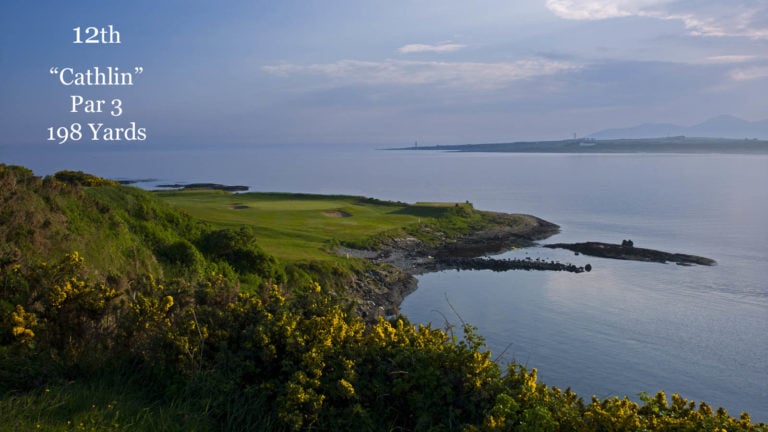 Image overlooking the sea and 13th green on the golf course at Ardglass Golf Club, Northern Ireland