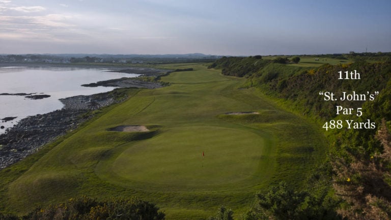 Aerial image looking down the 11th hole at Ardglass Golf Club, Northern Ireland