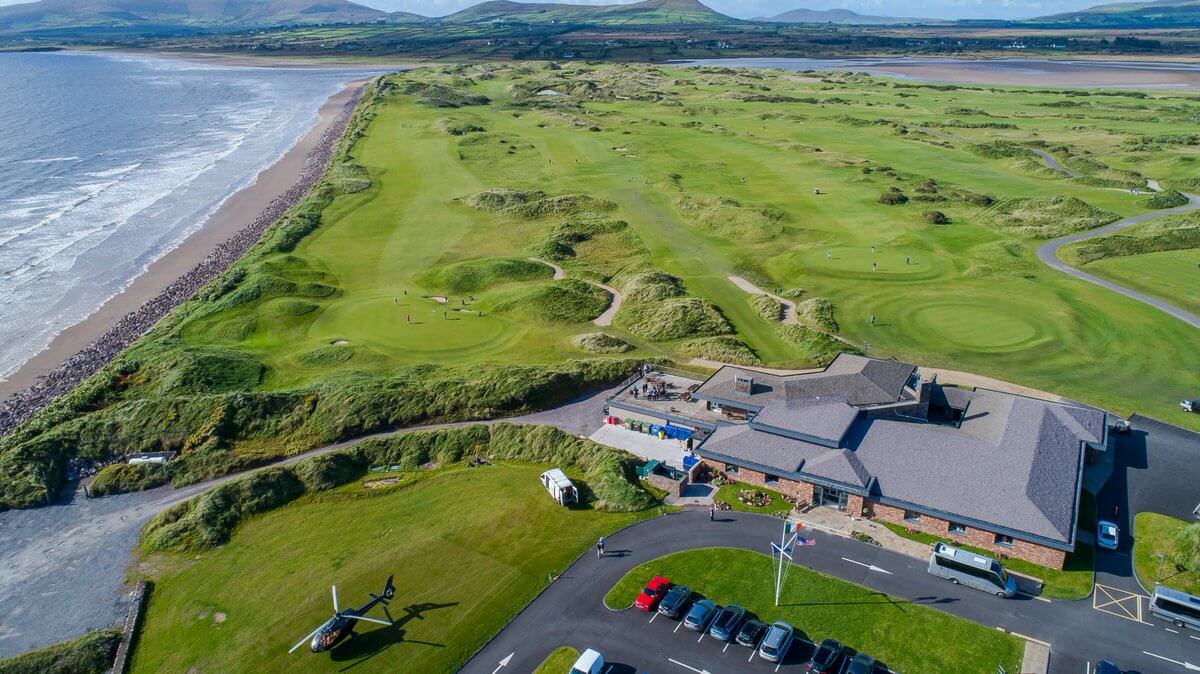 Aerial image of the golf course and clubhouse at Tralee Golf Club, County Kerry, Ireland