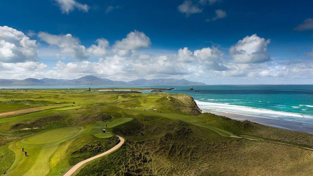 Aerial image of golfers playing Tralee Golf Club, County Kerry, Ireland