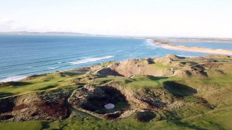 Aerial view of the Dunes and ocean at Tralee Golf Club, County Kerry, Ireland