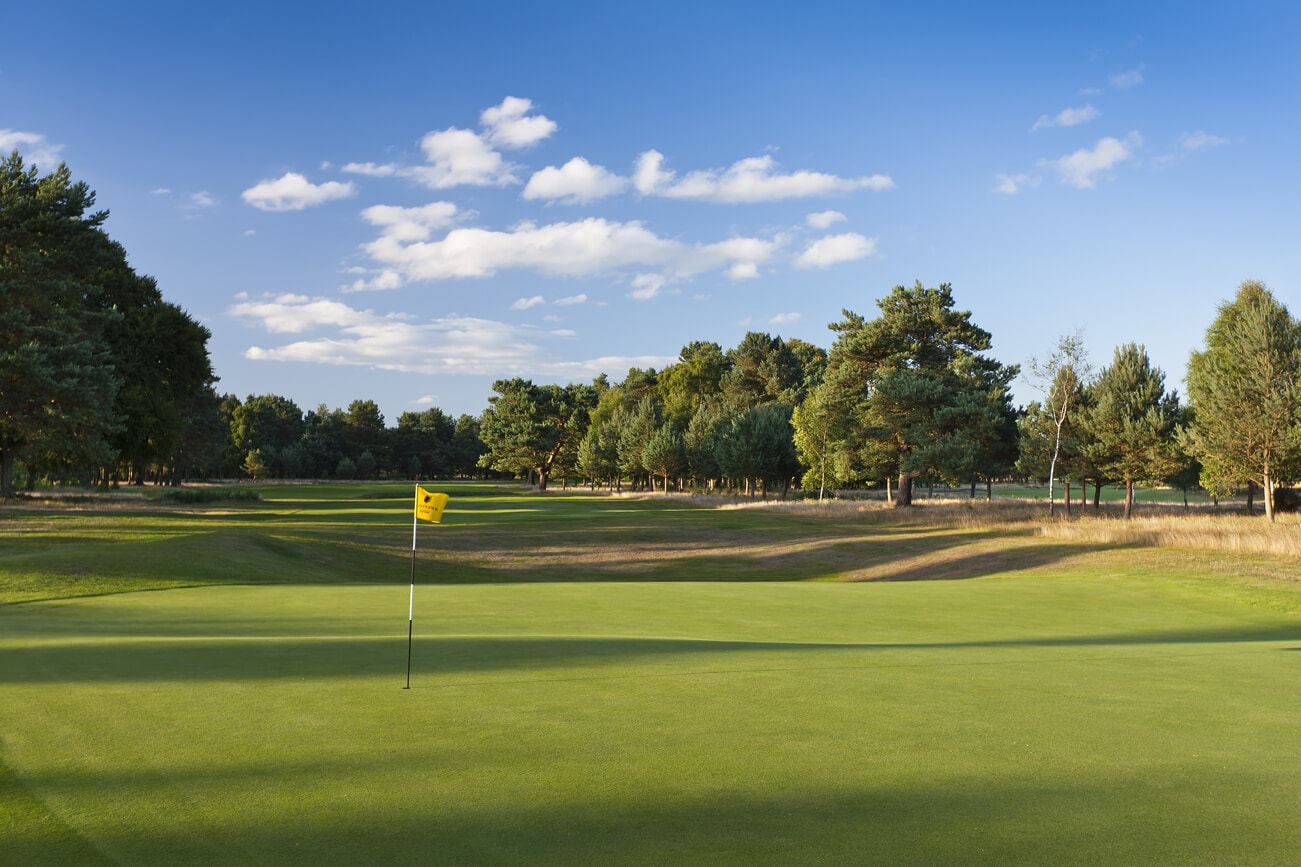 Image of the 9th green looking back towards the tee at Ladybank Golf Club, Fife, Scotland