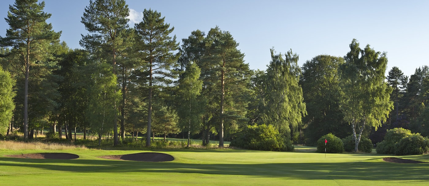 Image of the 2nd green with a pot bunker and trees in the back ground, Ladybank Golf Club, Fife, Scotland