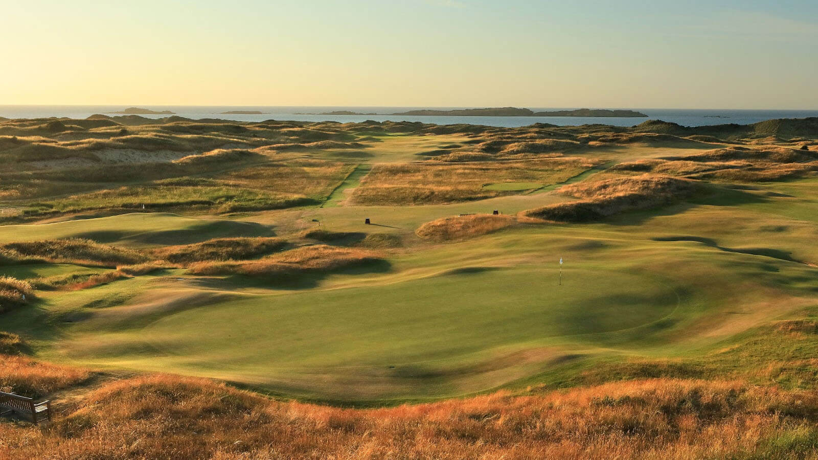 Aerial image overlooking the 8th green at dusk, Royal Portrush Dunluce Golf Course, Portrush, County Antrim, Northern Ireland