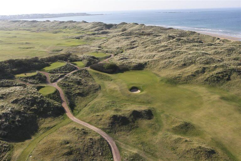 Aerial image overlooking Royal Portrush Dunluce Golf Course, Portrush, County Antrim, Northern Ireland