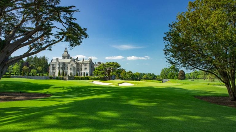 Image depicting the 18th hole and old manor building at Adare Manor, County Limerick, Ireland, Europe