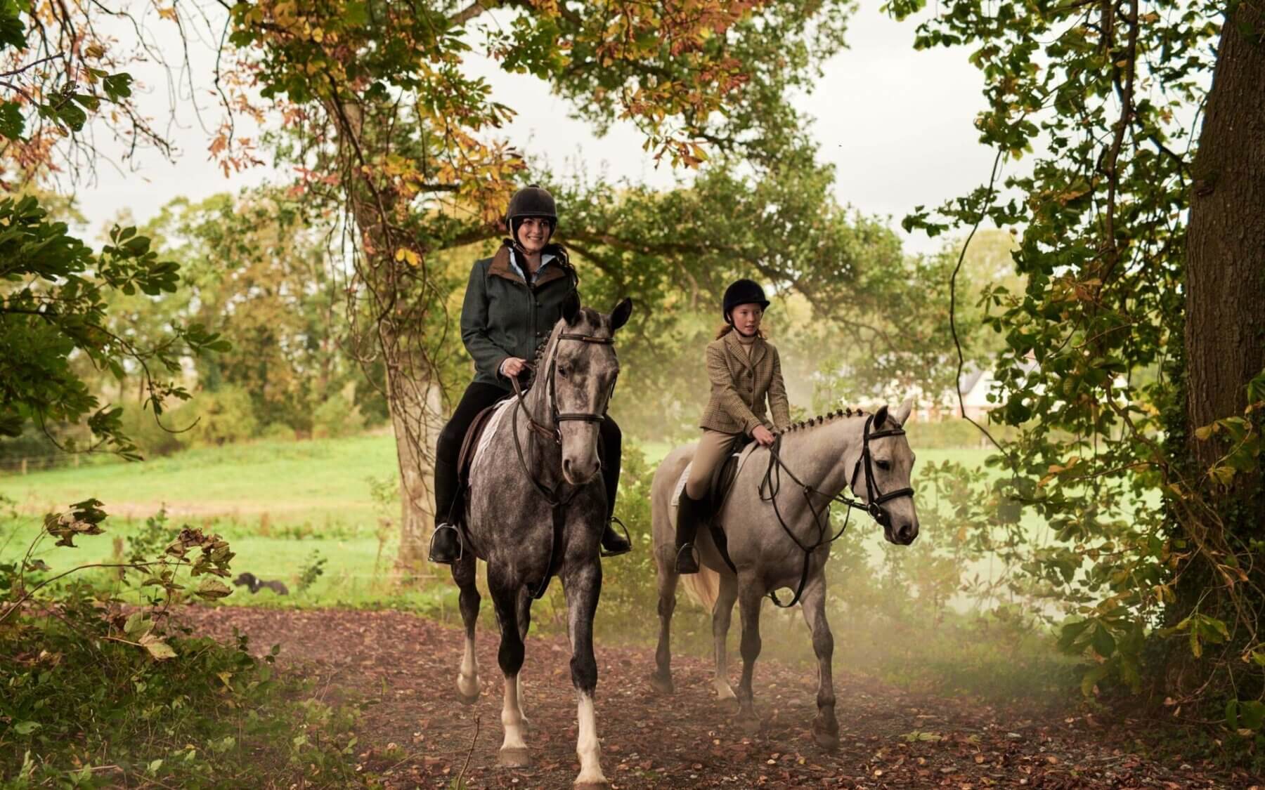 Image depicting two females riding horses on the expansive grounds at Adare Manor, County Limerick, Ireland, Europe