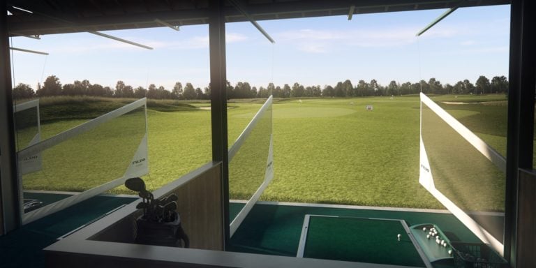 Image of a covered driving bay at the driving range, Lough Erne Resort, Fermanagh Count,Northern Ireland, United Kingdom