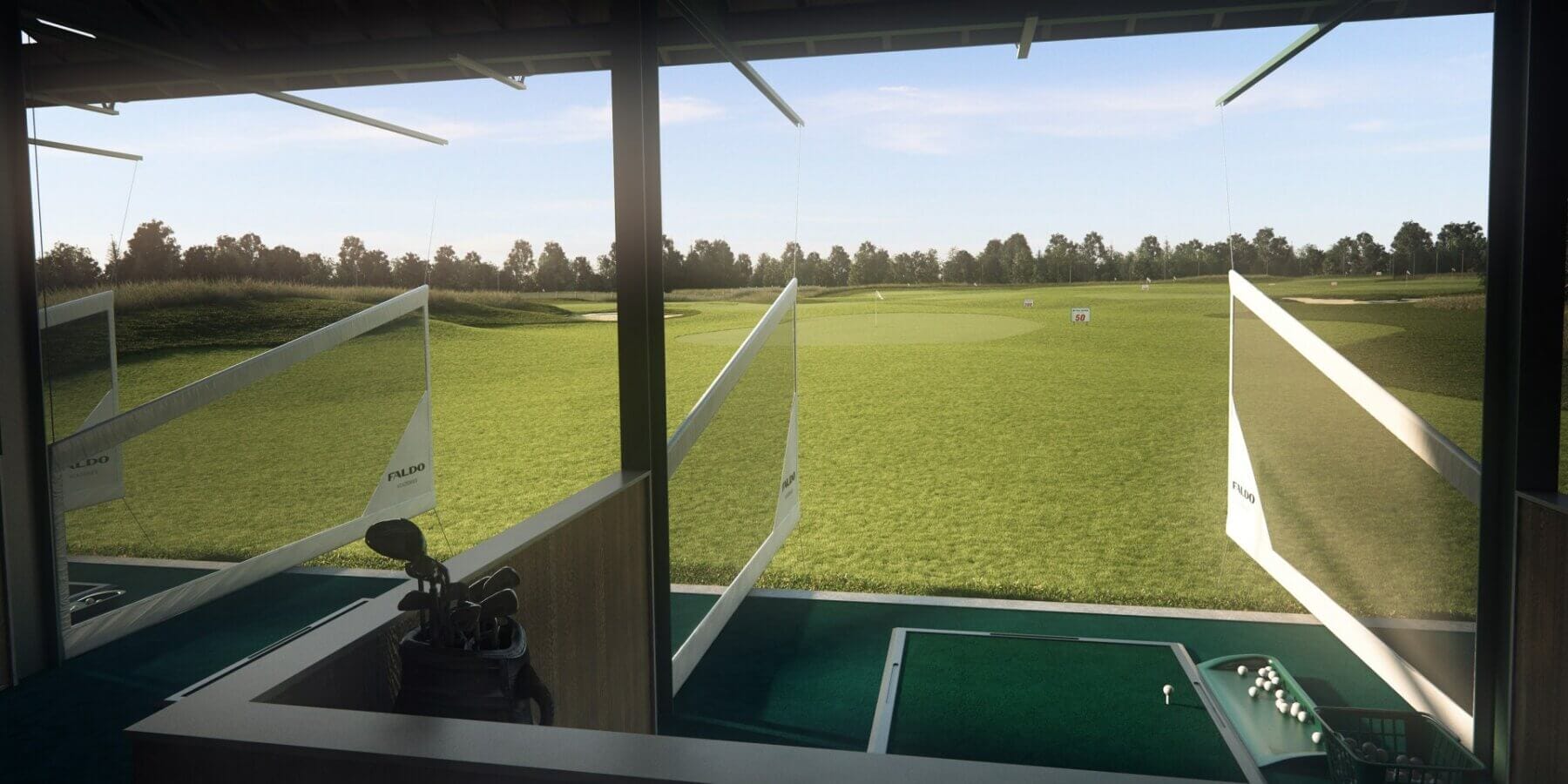 Image of a covered driving bay at the driving range, Lough Erne Resort, Fermanagh Count,Northern Ireland, United Kingdom