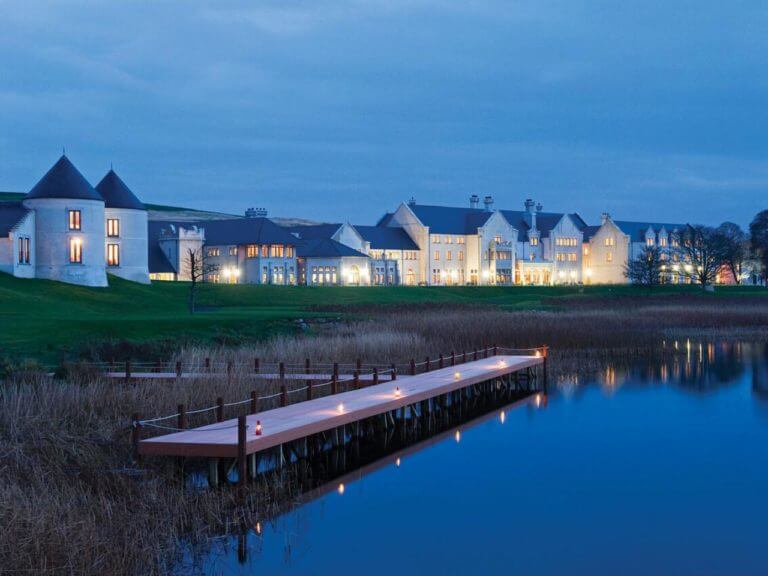 Dusk image of a jetty in front of Lough Erne Resort, Fermanagh Count,Northern Ireland, United Kingdom