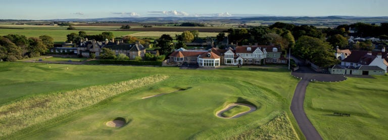 Aerial image of the 18th green and clubhouse at Muirfield Golf Course, East Lothian, Scotland