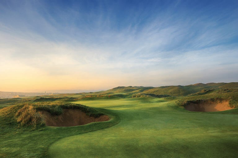 Image displaying fairway bunkers and the fairway on the 17th hole of the Old golf course at Lahinch Golf Club, County Clare, Ireland