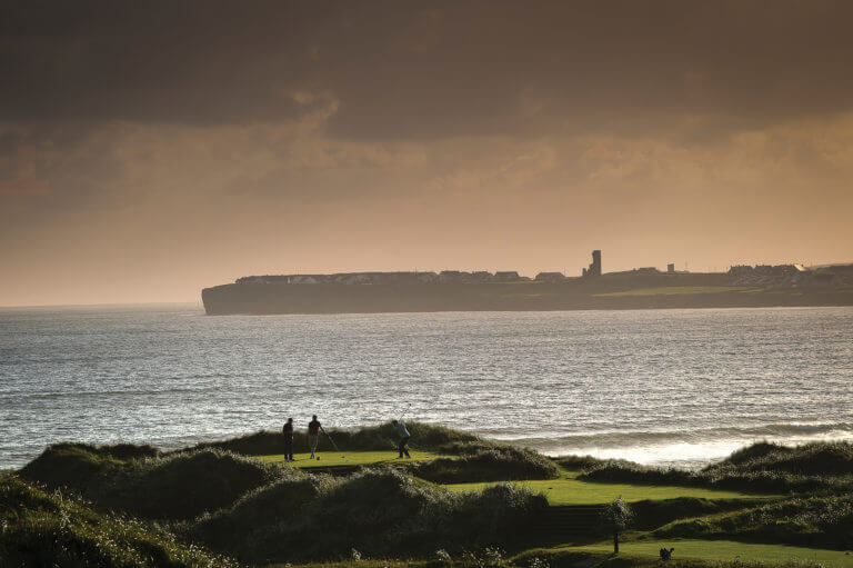 Image of the tee box on the famous Old Tom Morris deigned Klondike hole, Lahinch Golf Club, County Clare, Ireland