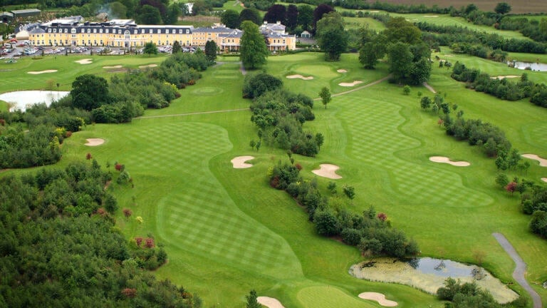 Aerial image of the golf course and main building at Wolseley Resort, County Carlow, Ireland, Europe