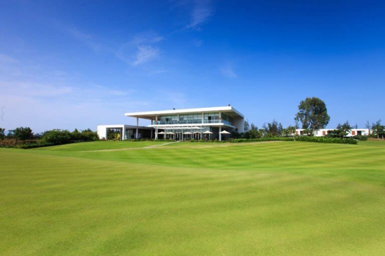 Image overlooking the exterior of the clubhouse at Montgomerie Links Vietnam Golf Course, Da Nang, Vietnam, Asia