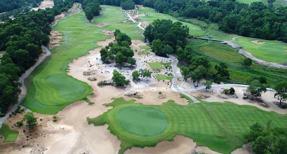 Aerial image of island greens at Laguna Lang Co Golf Club, Da Nang, Vietnam