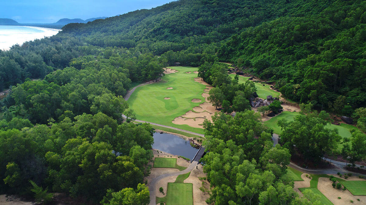 Aerial image of the par 5 signature hole at Laguna Lang Co