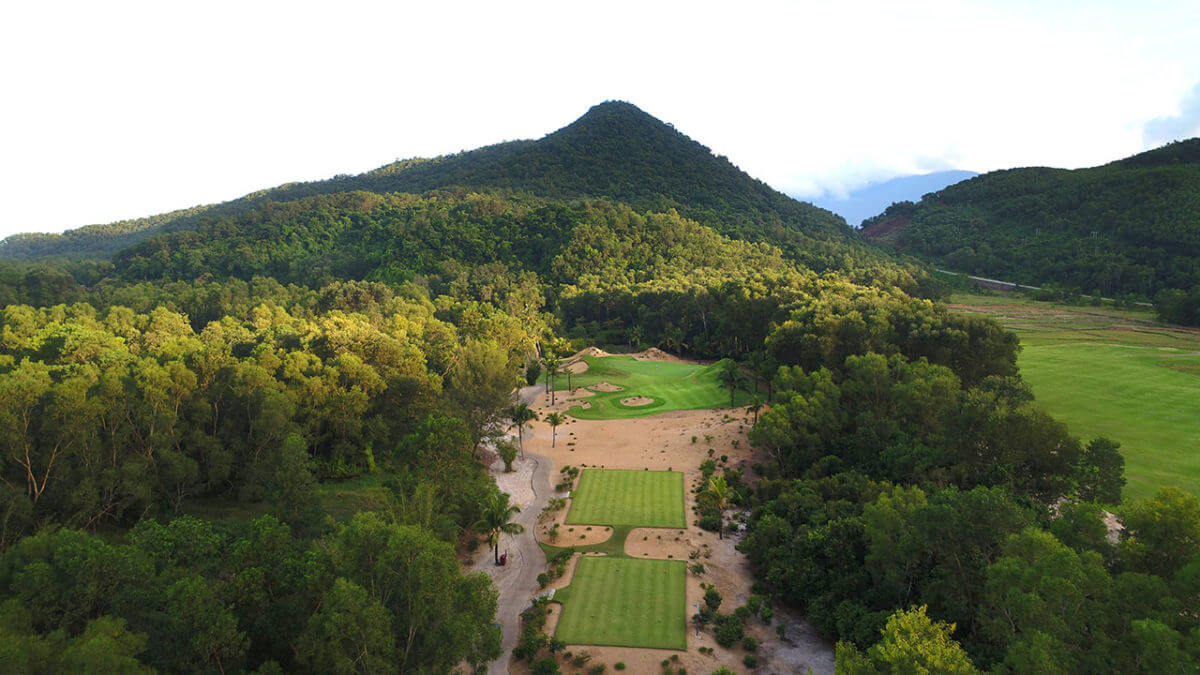 Aerial image of the 2nd hole tee boxes at Laguna Lang Co Golf Club, Da Nang, Vietnam
