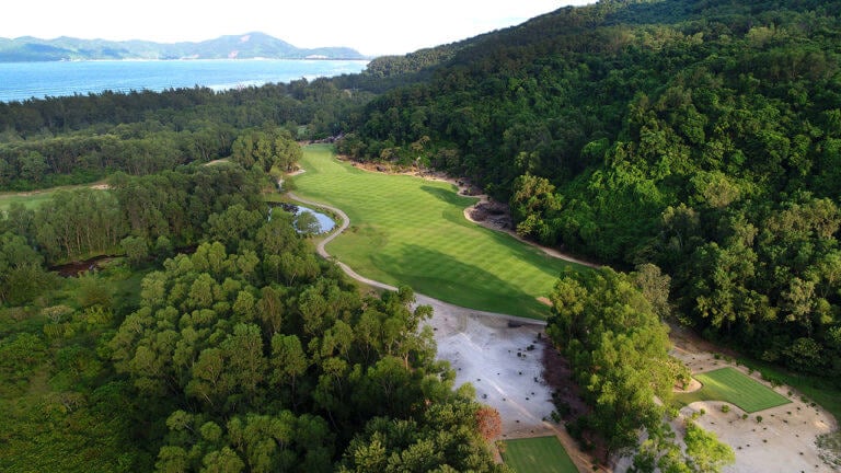 Aerial image of the 3rd hole tee-off and fairway at Laguna Lang Co Golf Club, Da Nang, Vietnam
