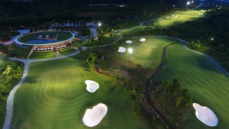 Aerial image of the practice facilities at night time, Ba Na Hills Golf Club, Da Nang, Vietnam