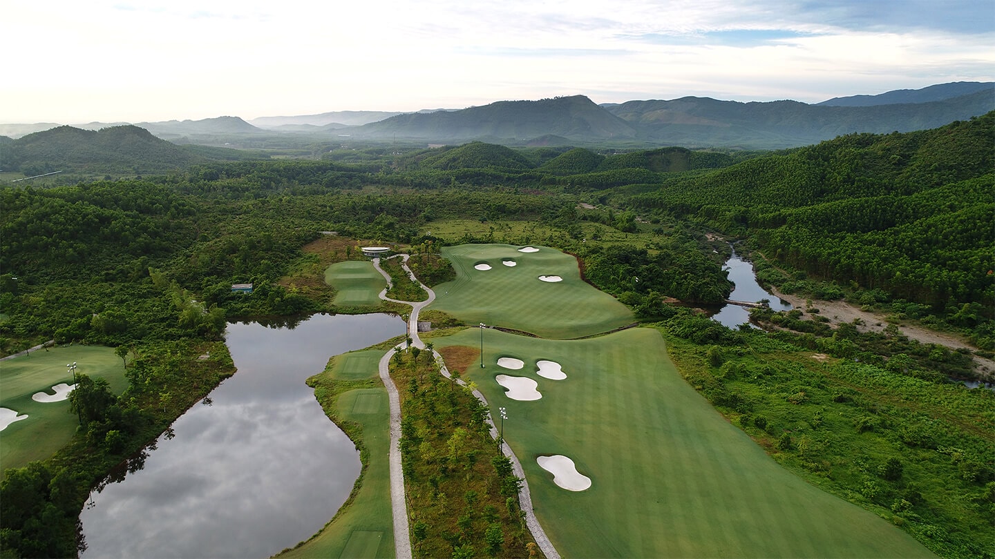 Aerial image of a lake and golf holes at Ba Na Hills Golf Club, Da Nang, Vietnam