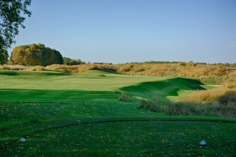 Image of the 3rd hole from the tee looking up towards the green on the Blackwolf Run Meadow Valleys Golf Course, Destination Kohler, Wisconsin, USA