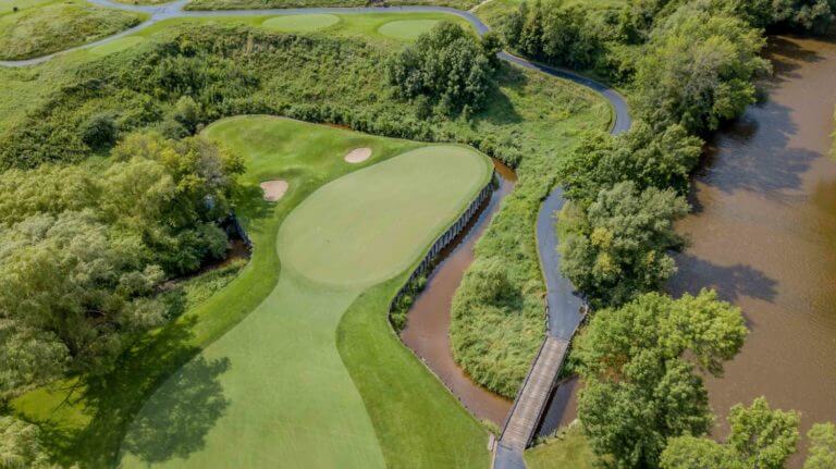 Aerial image overlooking the 14th green on the Blackwolf Run Meadow Valleys Golf Course, Destination Kohler, Wisconsin, USA