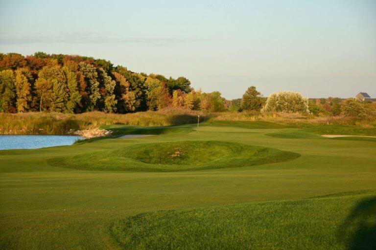 Image displaying the approach shot on the 7th hole of the Blackwolf Run Meadow Valleys Golf Course, Destination Kohler, Wisconsin, USA