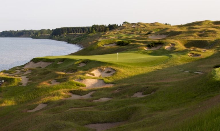Image of the approach to the 3rd green on The Straits Golf Course, Whistling Straits, Destination Kohler, Sheboygan, Wisconsin, USA