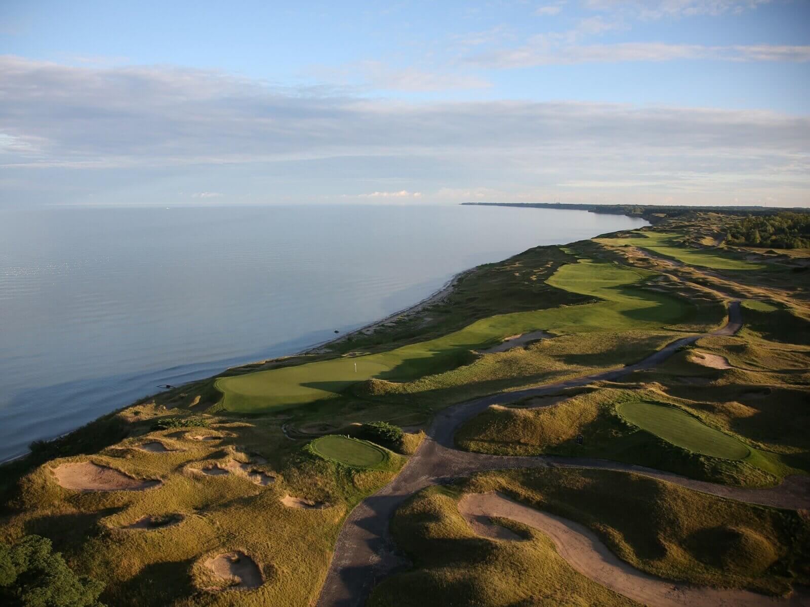 Aerial image of The Straits Golf Course next to Lake Michigan, Whistling Straits, Destination Kohler, Sheboygan, Wisconsin, USA
