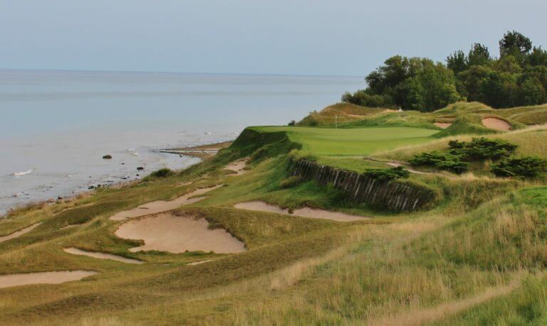 Image of the 17th plateaued green on The Straits golf course at Whistling Straits, Destination Kohler, Sheboygan, Wisconsin, USA