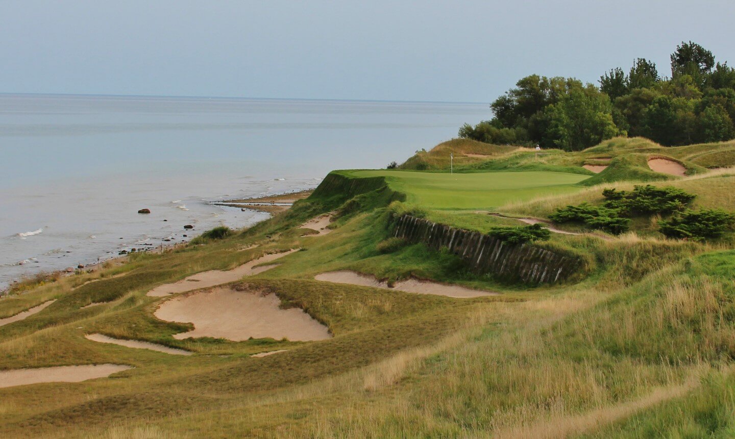 Image of the 17th plateaued green on The Straits golf course at Whistling Straits, Destination Kohler, Sheboygan, Wisconsin, USA