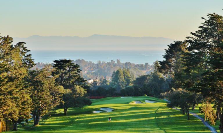 Image of the 1st hole looking down towards the green and distant sea, Pasatiempo Golf Course, California, USA
