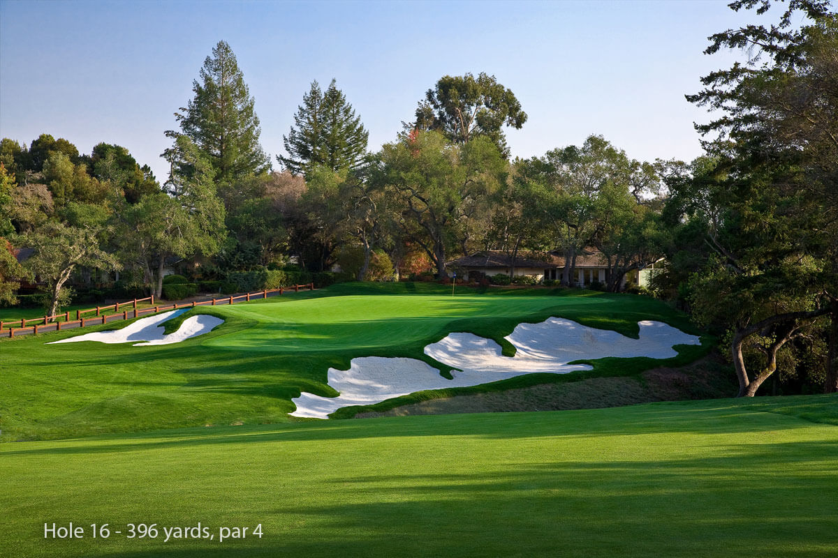 Image displaying a raised green and surrounding bunkers on the 16th hole at Pasatiempo Golf Course, California, USA