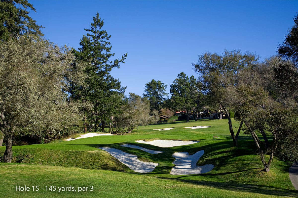 Image of the 15th hole looking up the hill towards the bunkers, trees and green, Pasatiempo Golf Course, California, USA