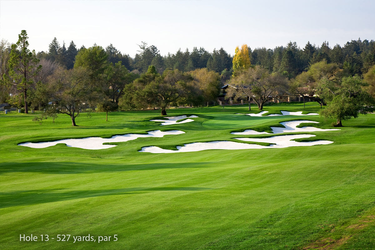 Image displaying the flat fairway and numerous bunkers on the 13th hole at Pasatiempo Golf Course, California, USA