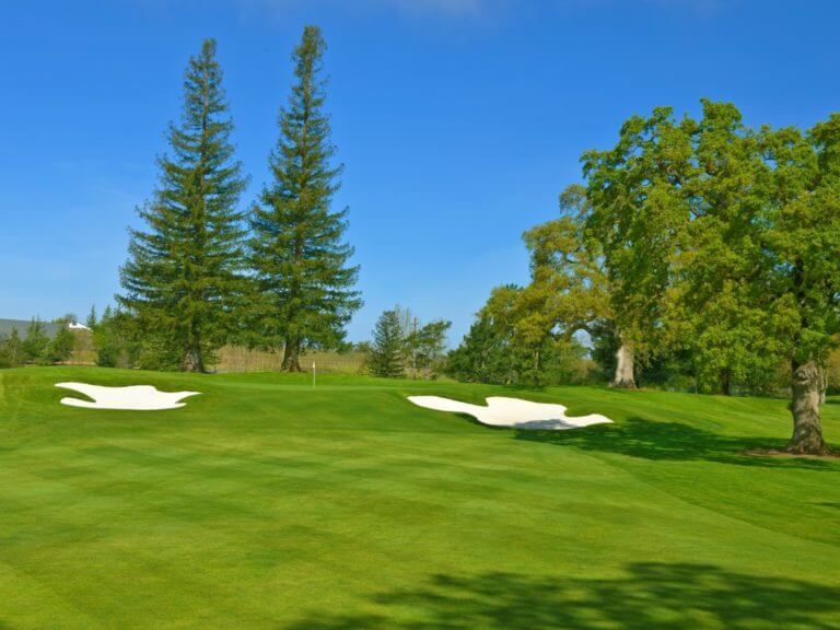A raised green is protected by two large bunkers