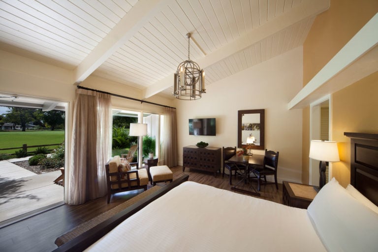 Internal view of the Quail Lodge King bedroom with golf views