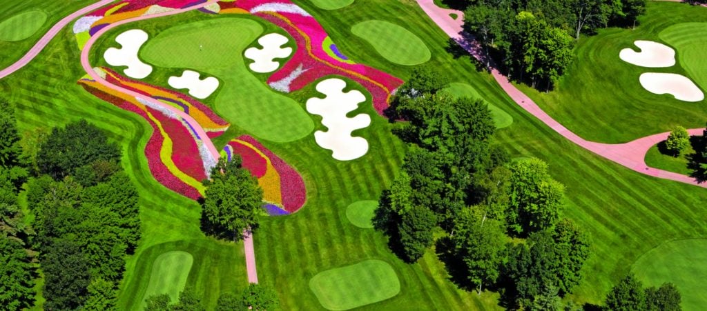 Birds-eye-view of colourful flowers on the sixteenth green at Sentryworld Golf Club
